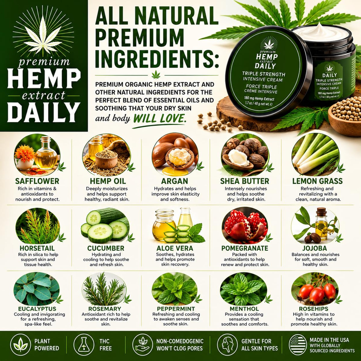Arrangement of botanical oils and hemp representing Earthly Body plant-based benefits