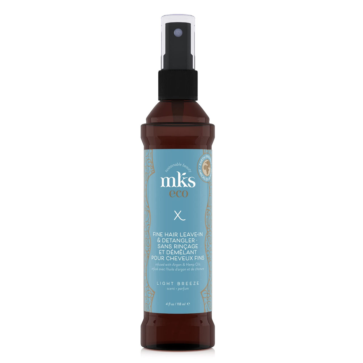 Earthly Body front packaging showing MKS eco X Fine Hair benefits