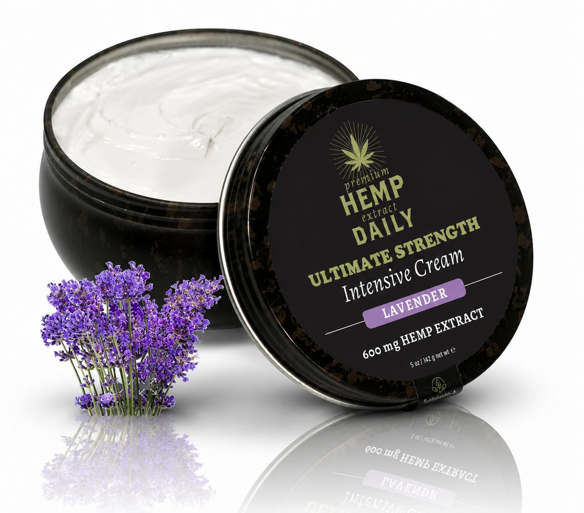 Earthly Body lavender 5oz jar front view showing label and size benefit