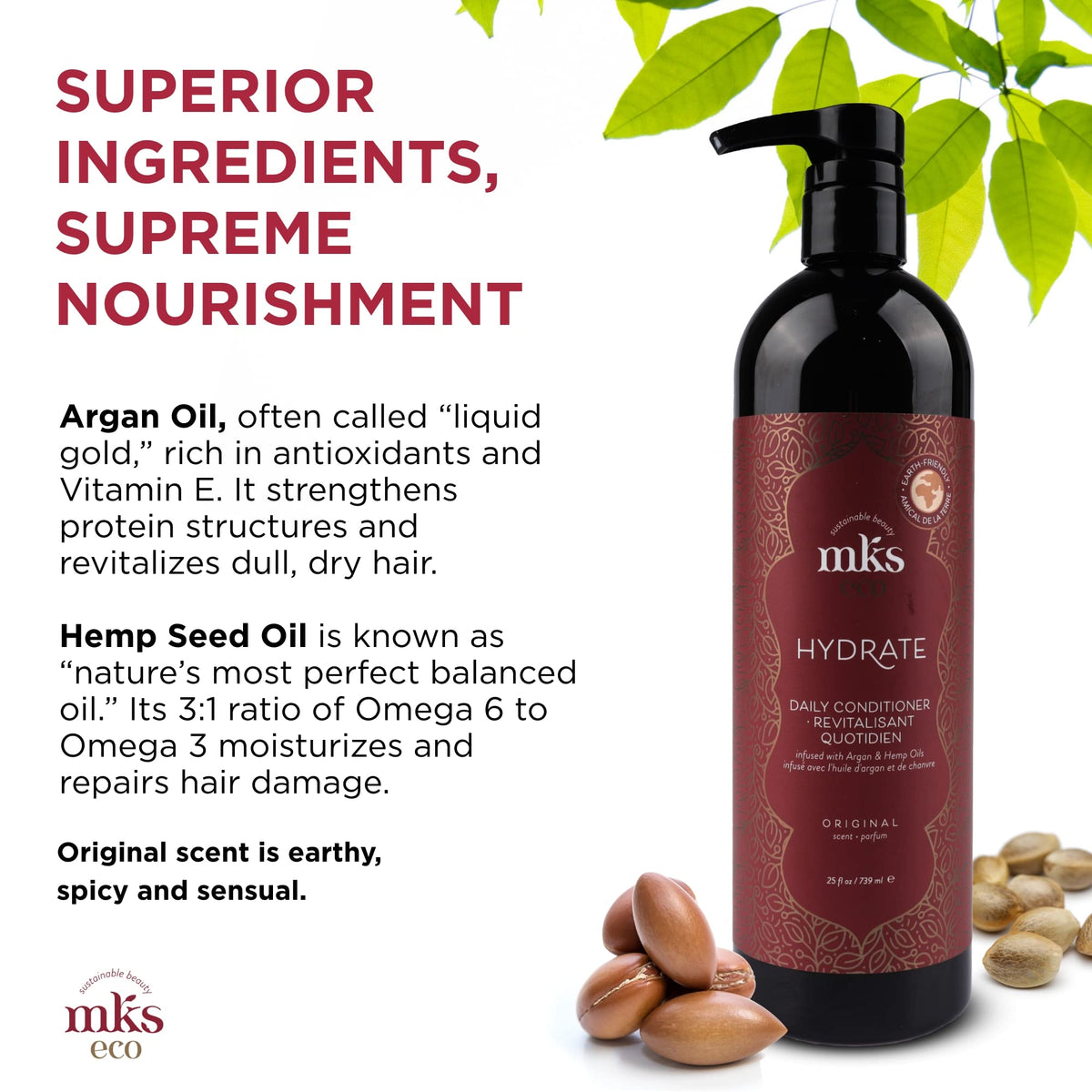 Earthly Body ingredients display with argan and hemp oils highlighting natural nourishment