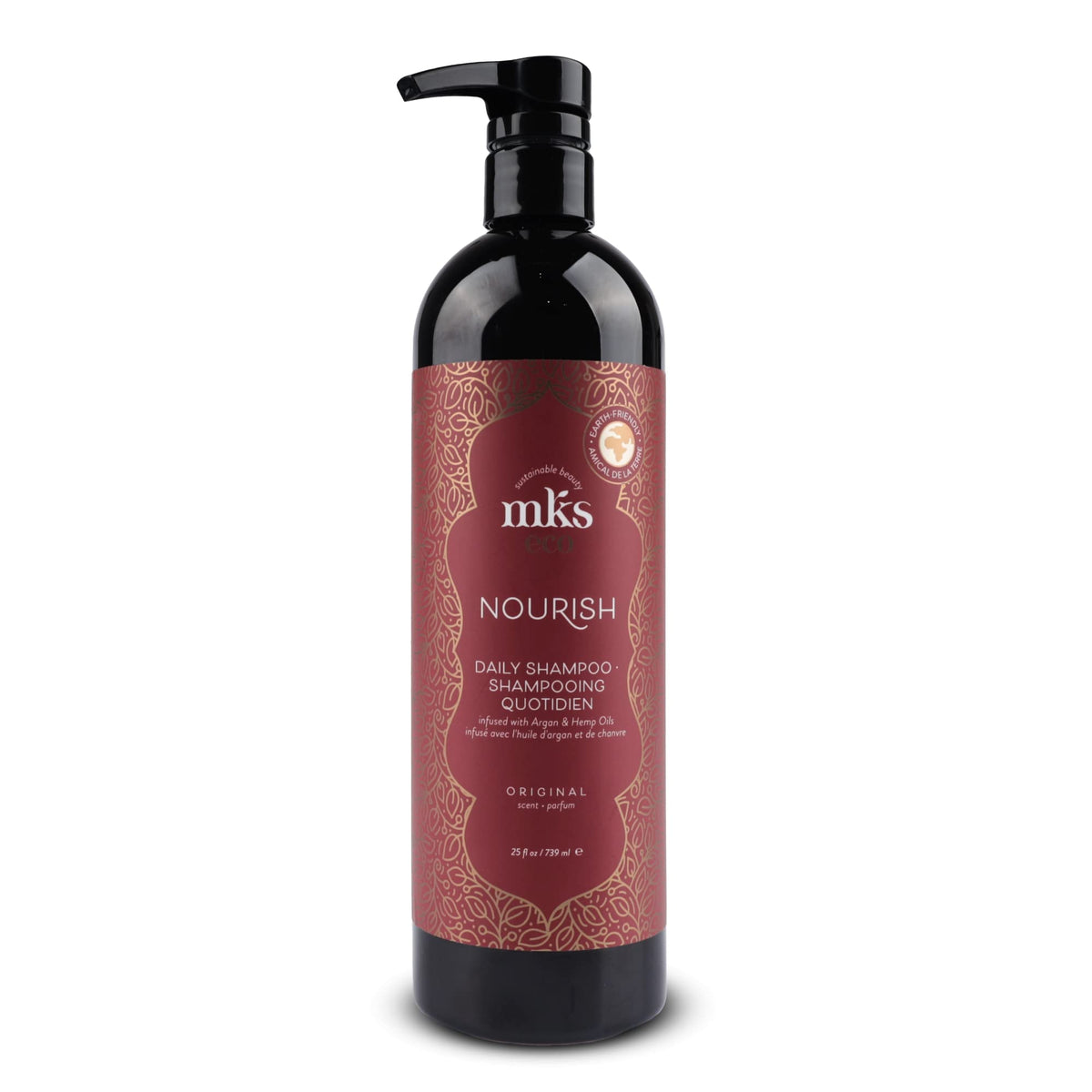 Earthly Body front packaging of MKS eco Nourish Shampoo shows bottle and brand benefits