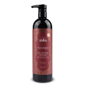Earthly Body front packaging of MKS eco Nourish Shampoo shows bottle and brand benefits