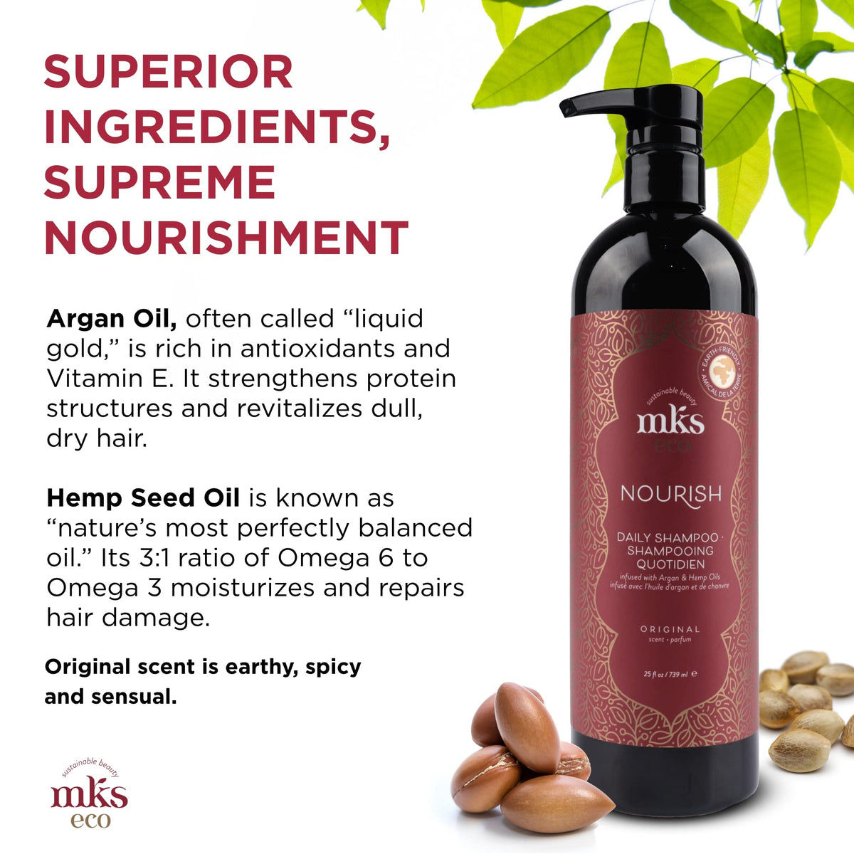 Earthly Body argan and hemp seed oils beside bottle illustrating nourishing natural ingredients