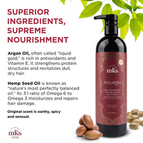 Earthly Body argan and hemp seed oils beside bottle illustrating nourishing natural ingredients