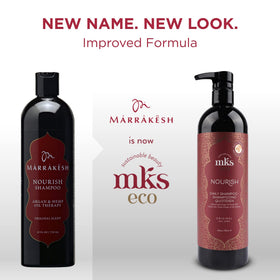 Earthly Body pump and detailed label on MKS eco Nourish Shampoo highlighting scent and size