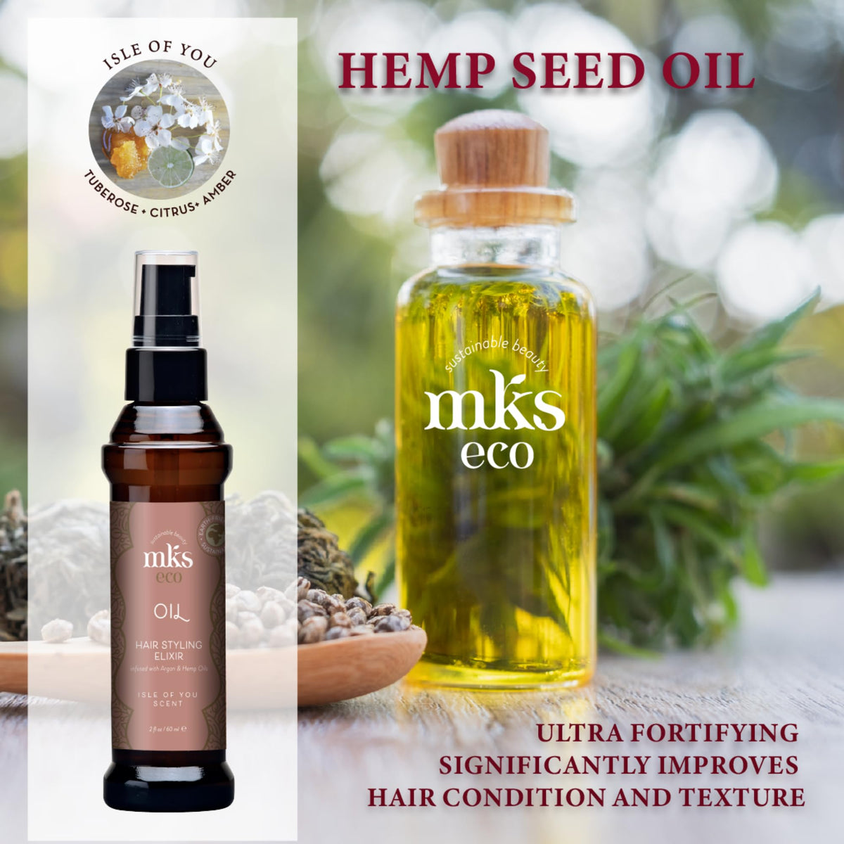 Earthly Body MKS eco Oil applied to dry hair smoothing flyaways and adding shine for a polished finish