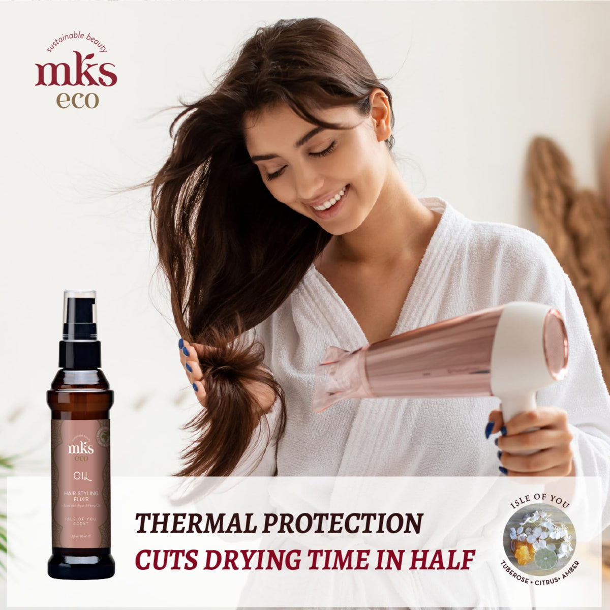 Earthly Body MKS eco Oil 2 fl oz bottle in hand to demonstrate travel-friendly size and portable convenience