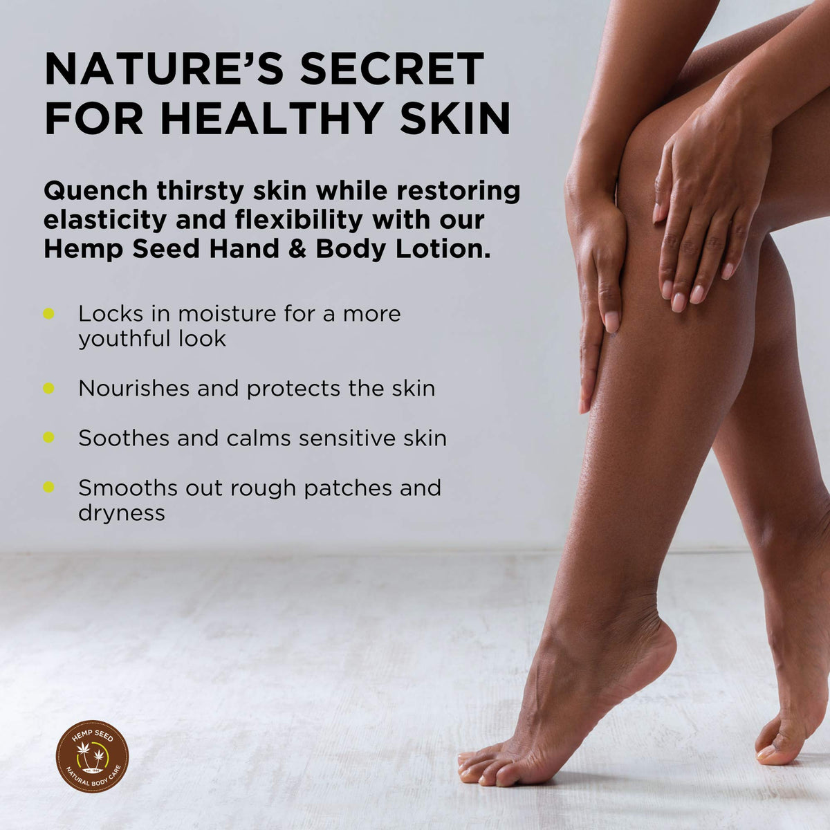 Earthly Body lotion dispensed on palm illustrating light, non-greasy absorption