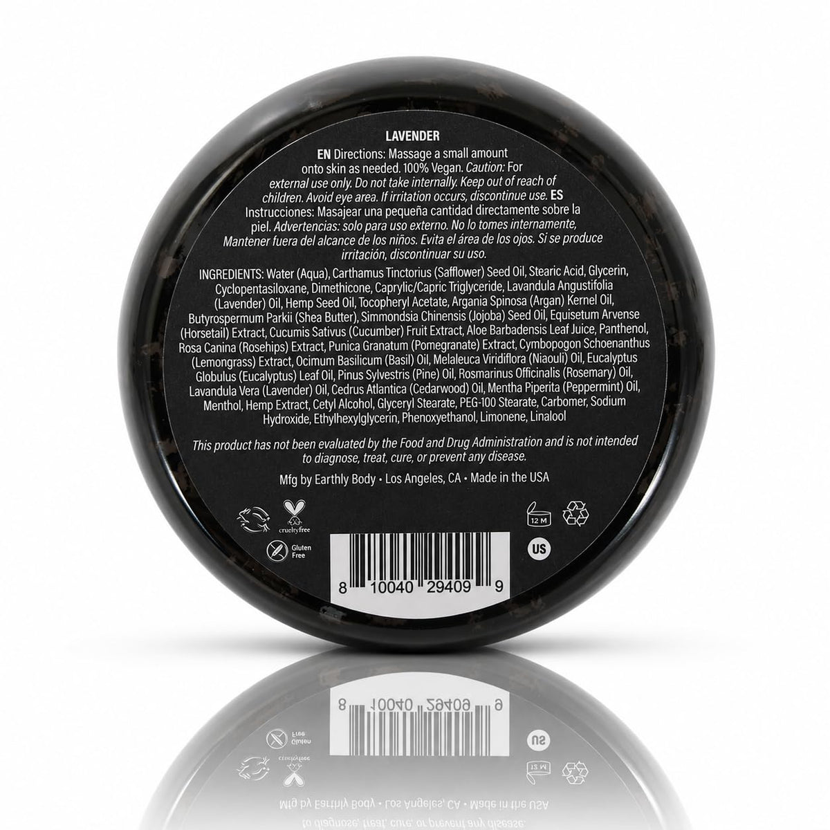 Earthly Body cream next to a hand for scale and portable 5oz benefit