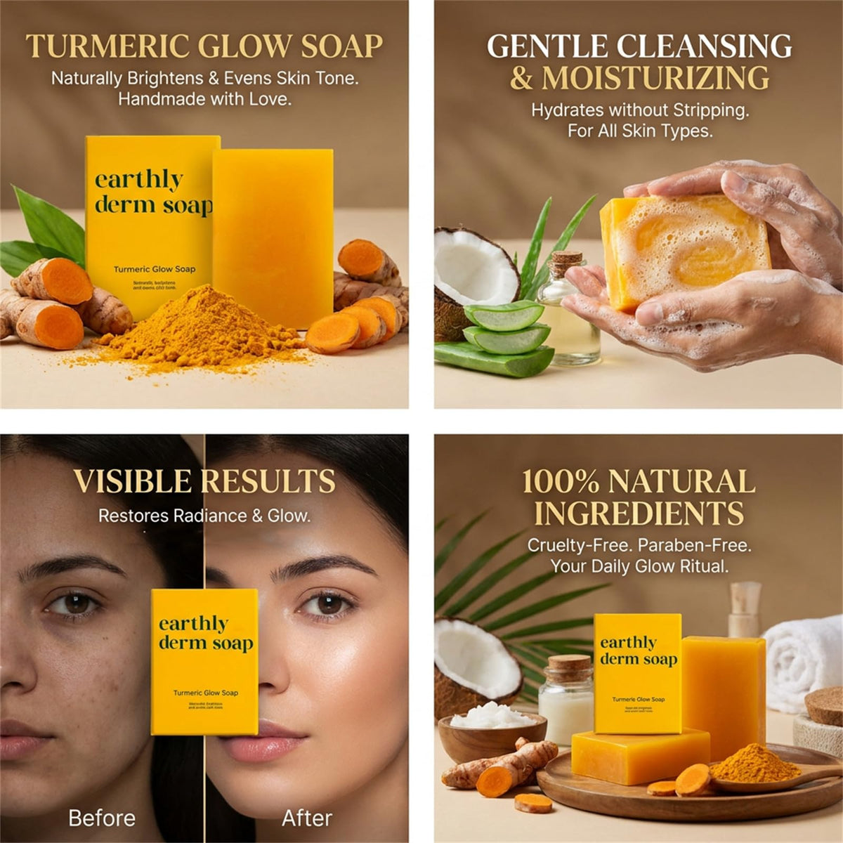 Earthly Derm ingredients display with turmeric and oils, natural ingredient clarity