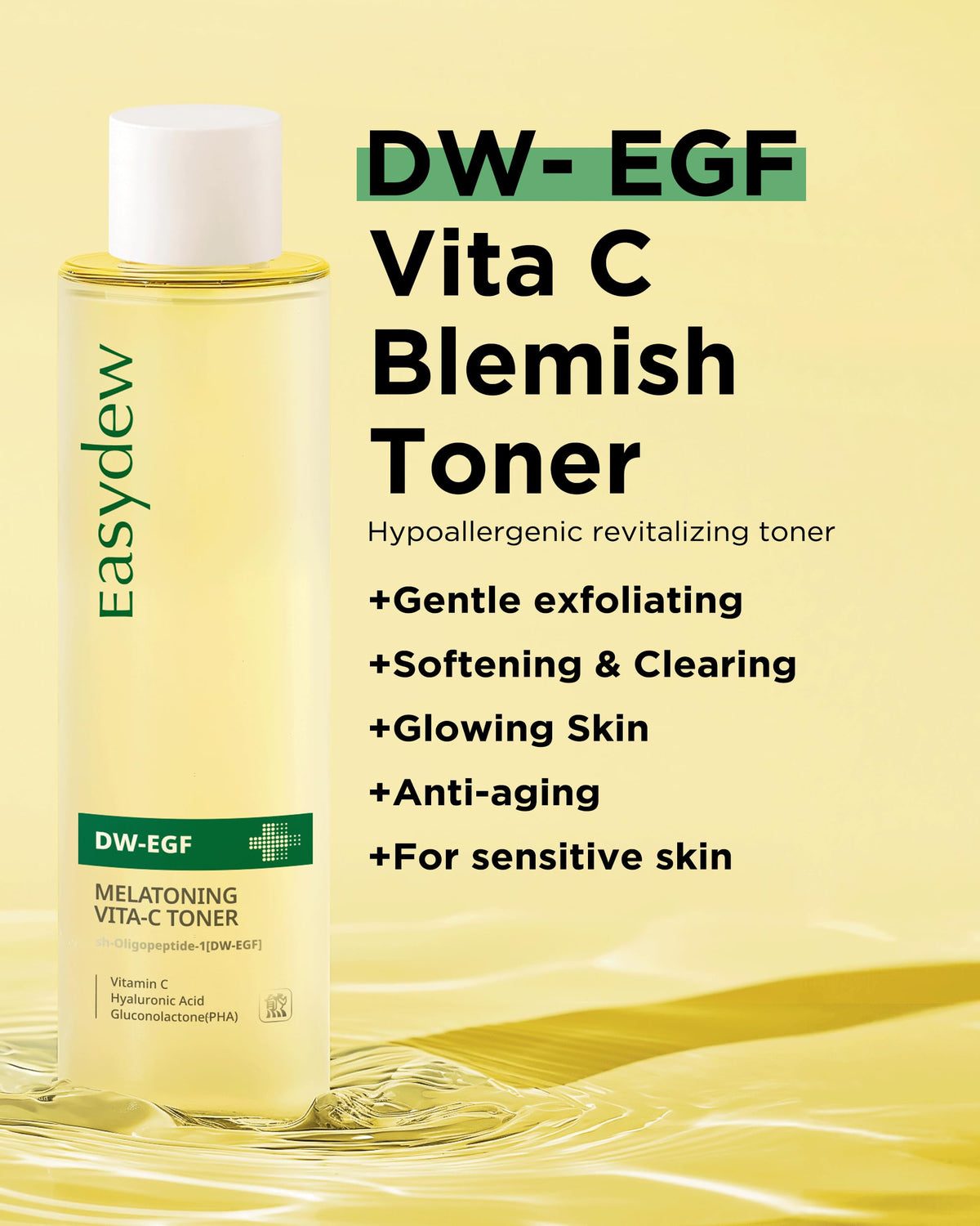 EASYDEW close-up of toner texture pouring to show lightweight hydration