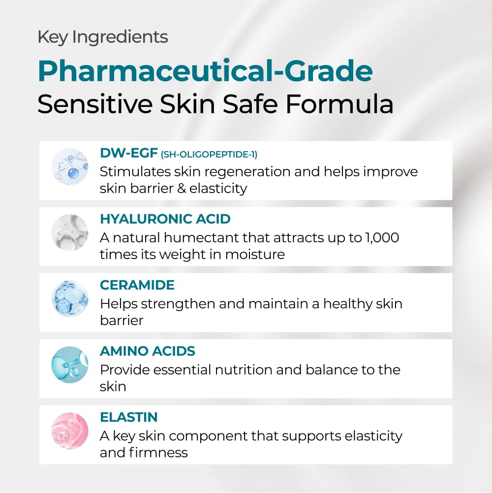 EASYDEW DW‑EGF ingredient label closeup highlighting DW‑EGF and hyaluronic acid benefits