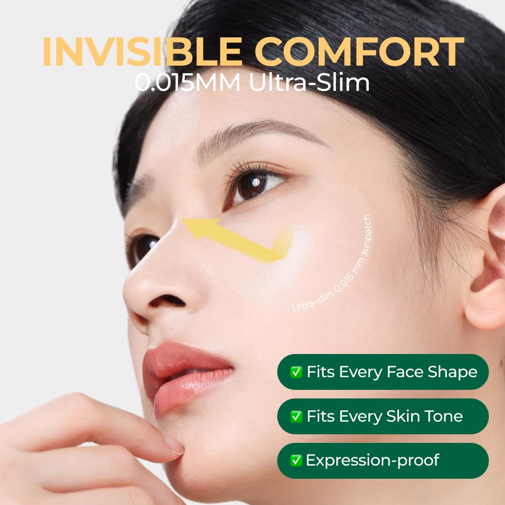 EASYDEW patch applied under eye demonstrating discreet sun coverage