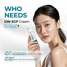 EASYDEW DW‑EGF dispensing cream demonstrating easy pump use for controlled application