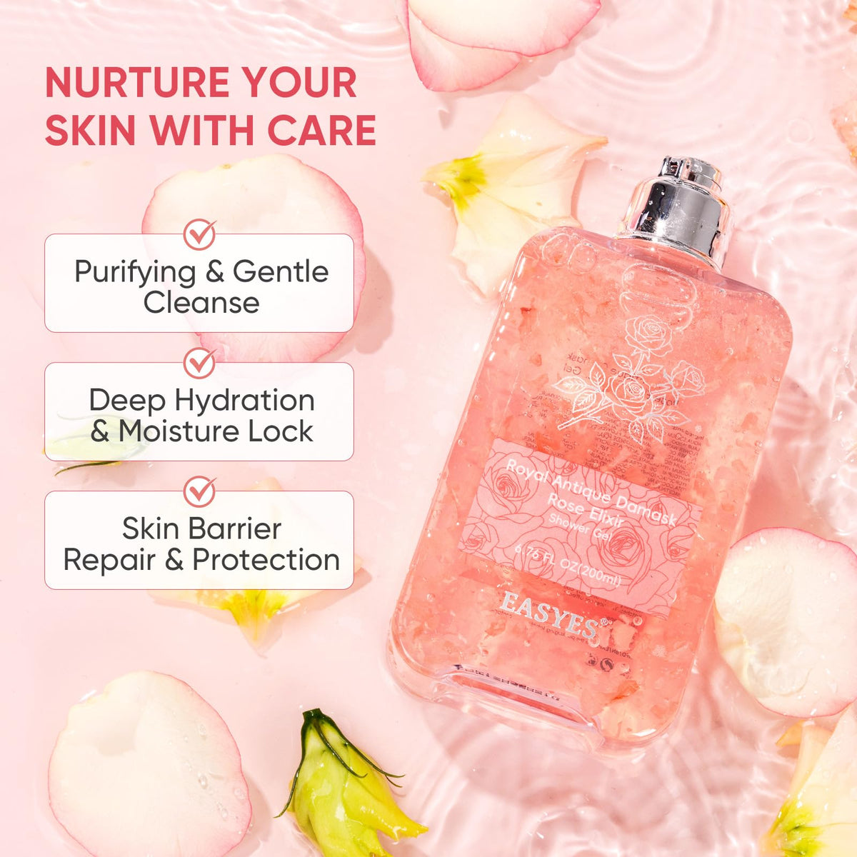 Easyes close-up of gel with real rose petals and texture benefit