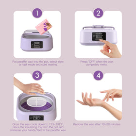 EASYINBEAUTY lavender wax packs and gloves arranged to show kit completeness benefit