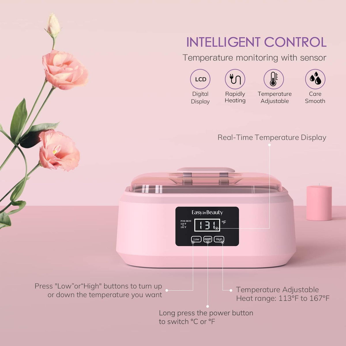EASYINBEAUTY touchscreen control panel close-up for easy temperature setting benefit