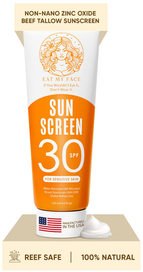 Eat My Face front tube showing SPF 30 and travel-friendly size benefit