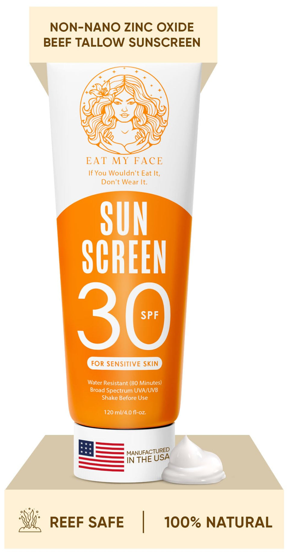 Eat My Face front tube showing SPF 30 and travel-friendly size benefit