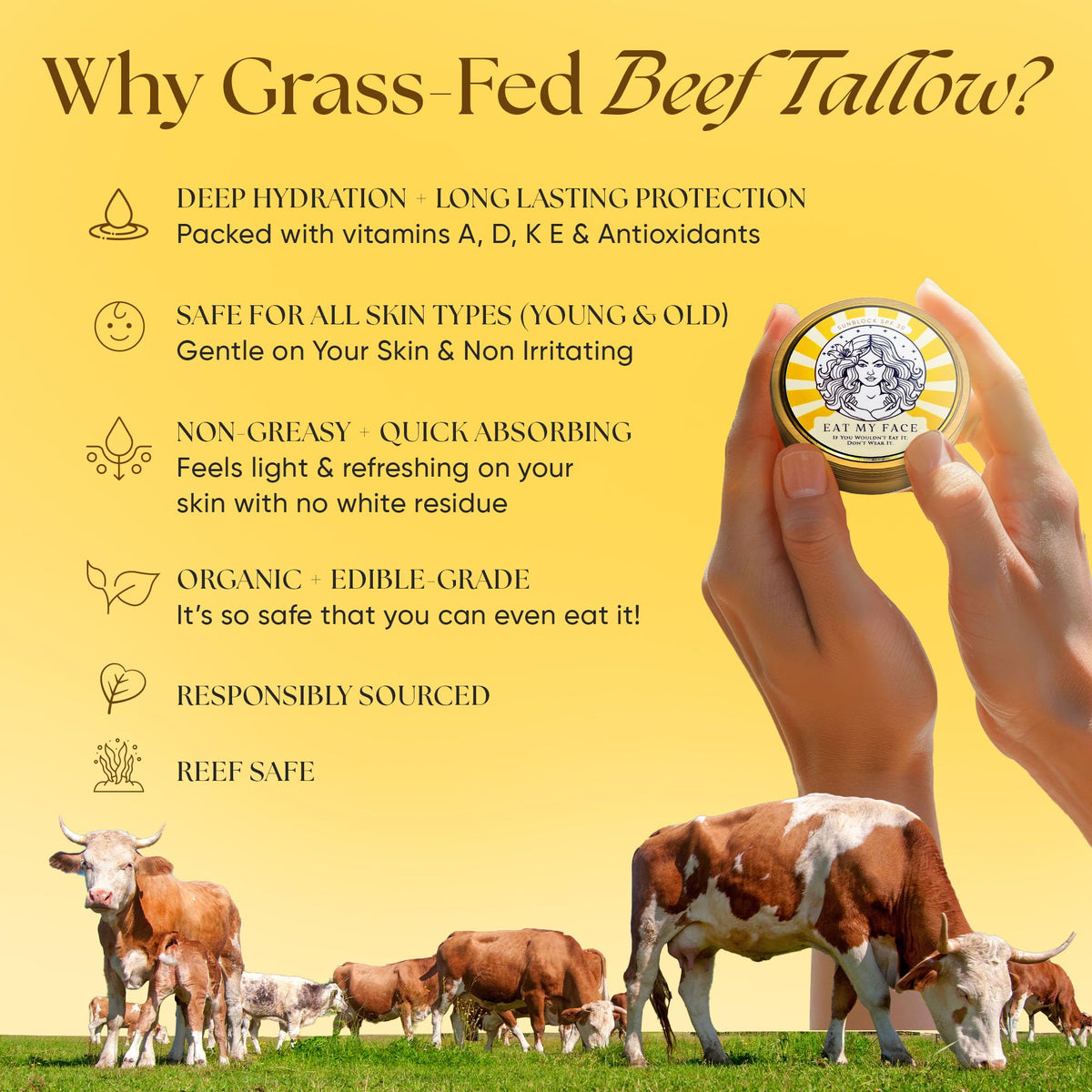 Eat My Face ingredient display with grass-fed beef tallow highlighting nourishing lipids