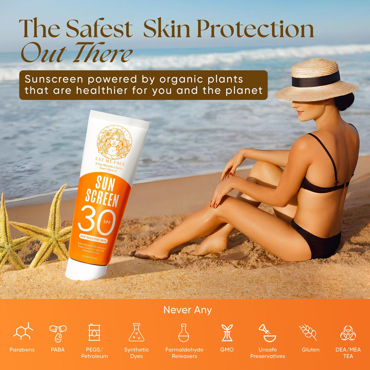Eat My Face label close-up displaying SPF, zinc oxide and ingredient clarity