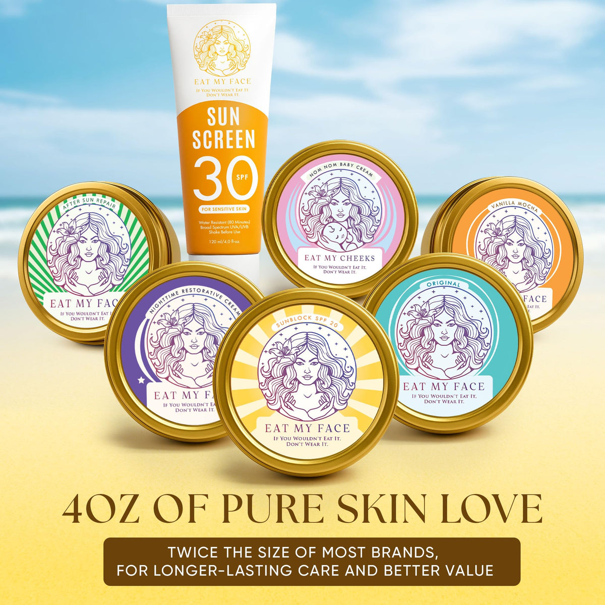 Eat My Face balm on wet towel illustrating 80-minute water resistance benefit
