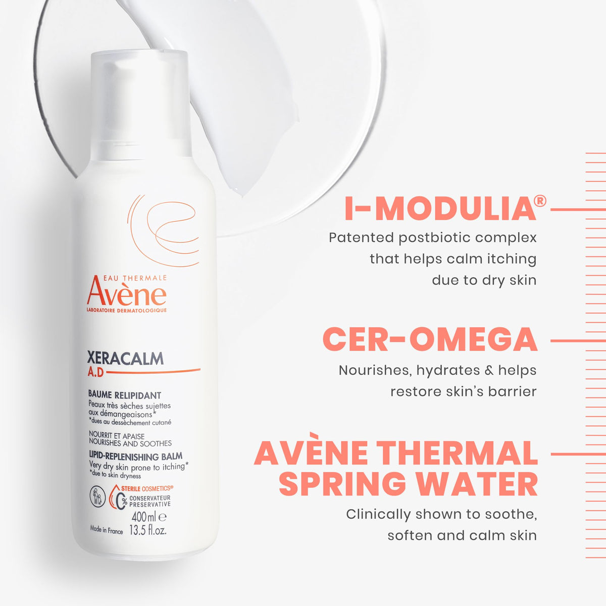 Eau Thermale Avène ingredient focus highlighting soothing agents and microbiome support