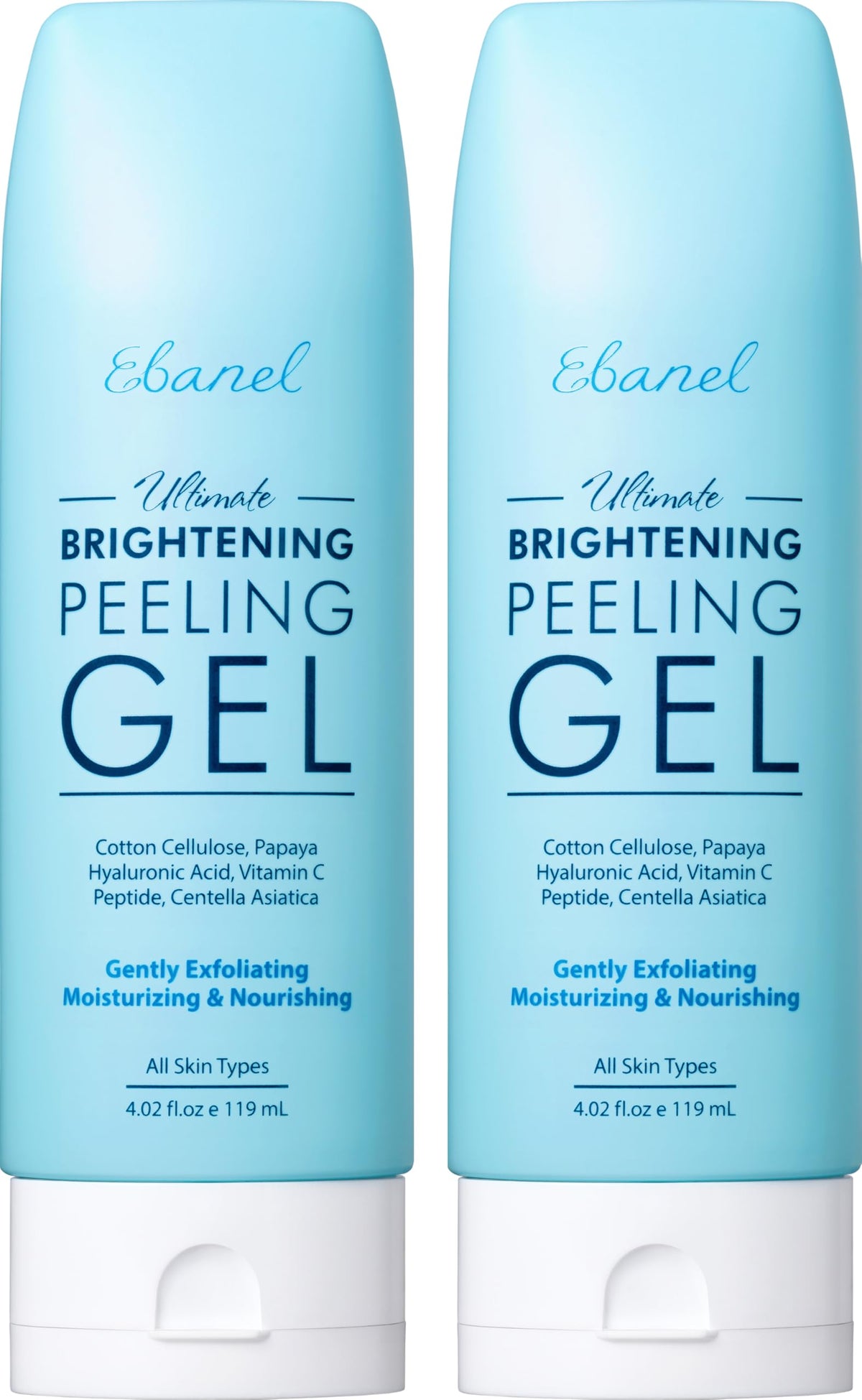 Ebanel front packaging showing two brightening peeling gel tubes and benefits