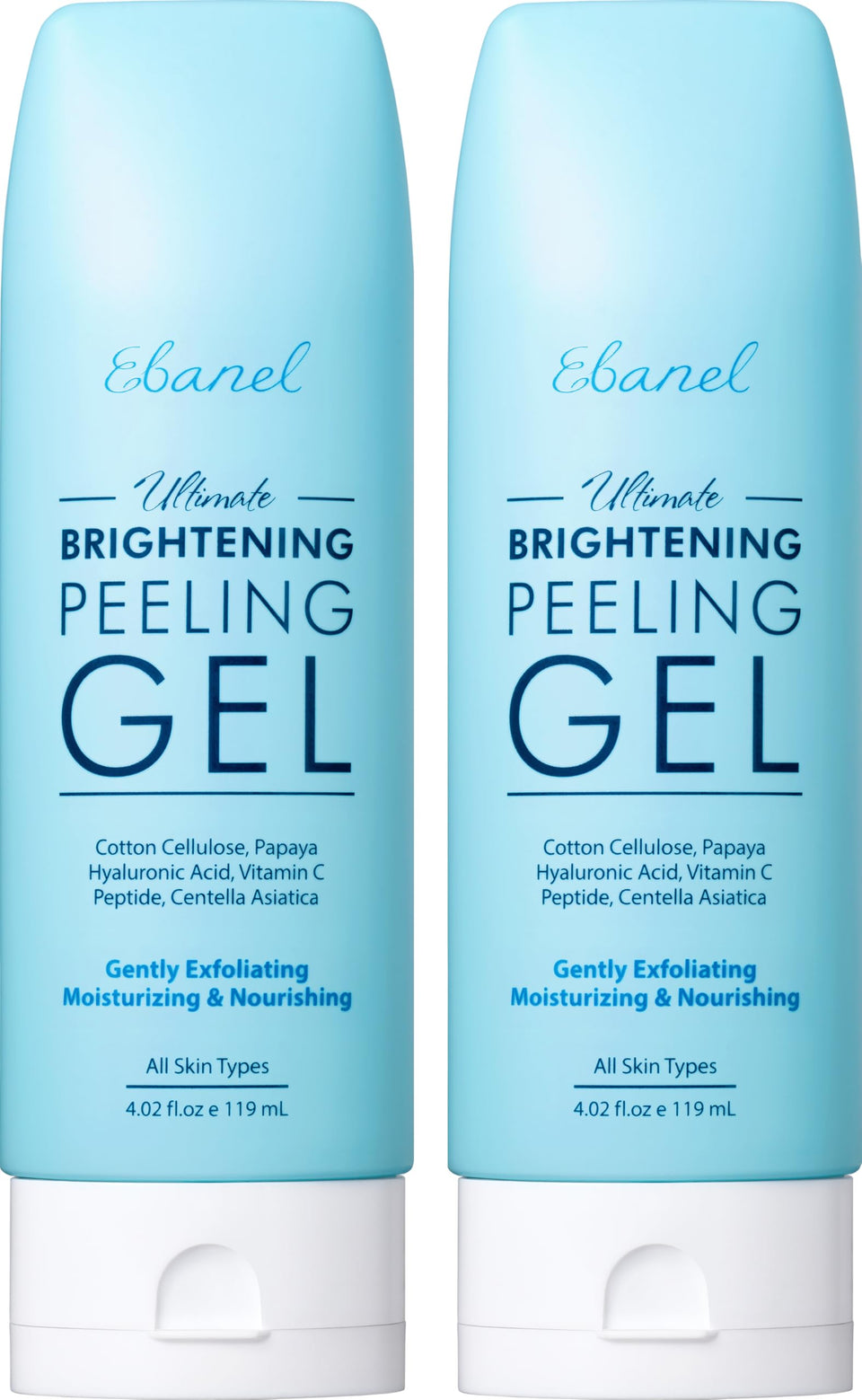 Ebanel front packaging showing two brightening peeling gel tubes and benefits