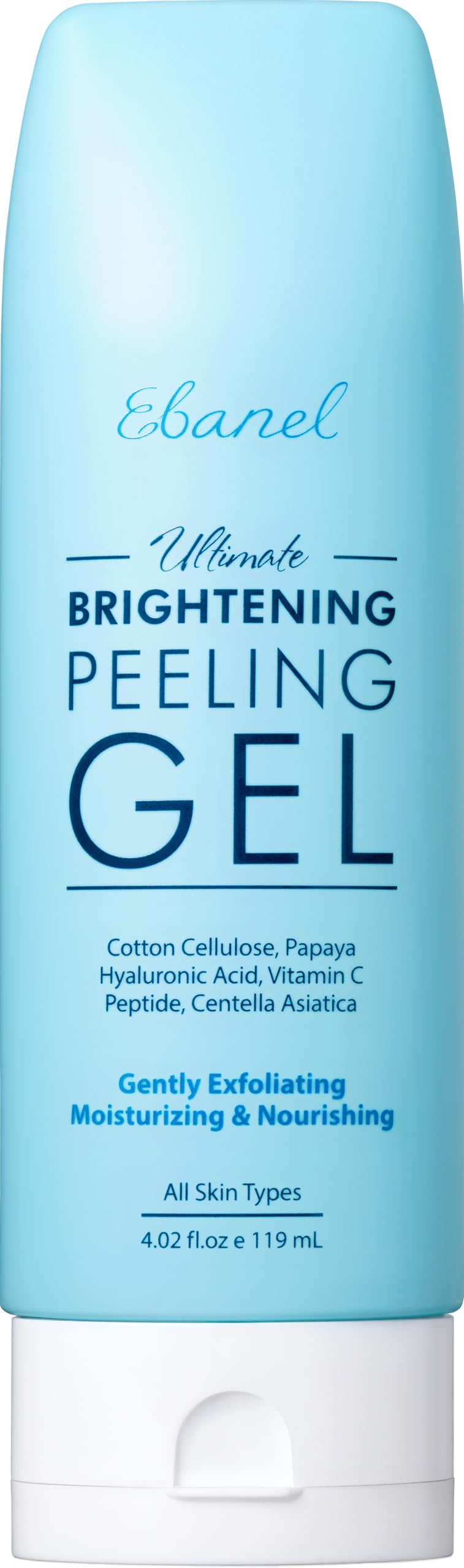Ebanel front packaging showing tube and product name, clear benefit of gentle exfoliation