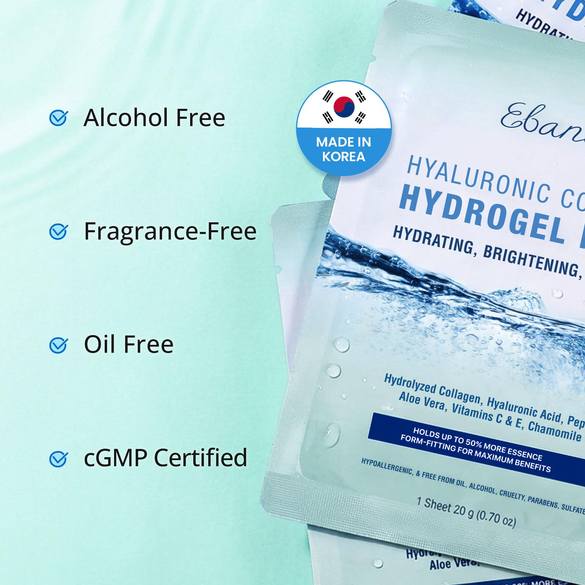 Ebanel pouch label listing hyaluronic acid, vitamin C, peptides
