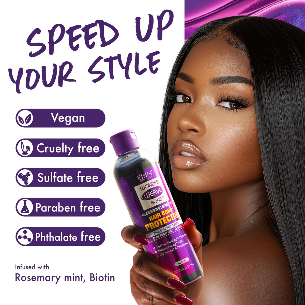 EBIN NEW YORK label close-up highlighting rosemary mint and biotin ingredients