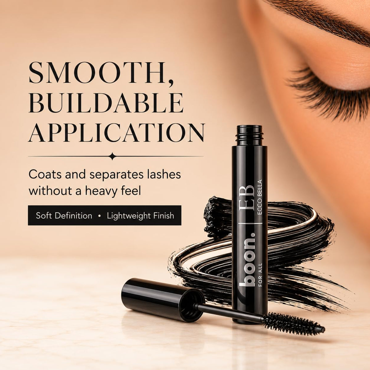 Ecco Bella mascara applied on lashes demonstrating natural length and lift