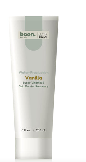 Ecco Bella front bottle view showing clean vanilla lotion packaging and benefit