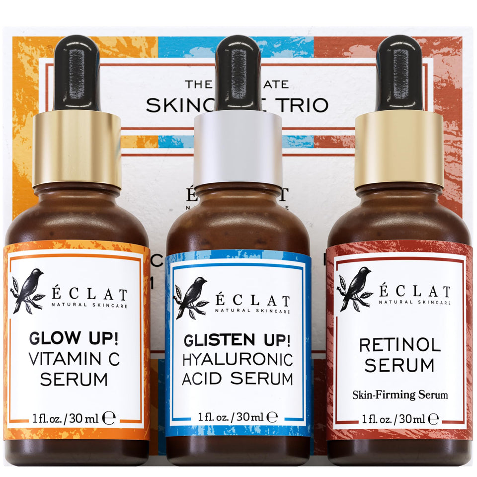 Eclat Skincare front packaging showing the three-serum set for a complete routine