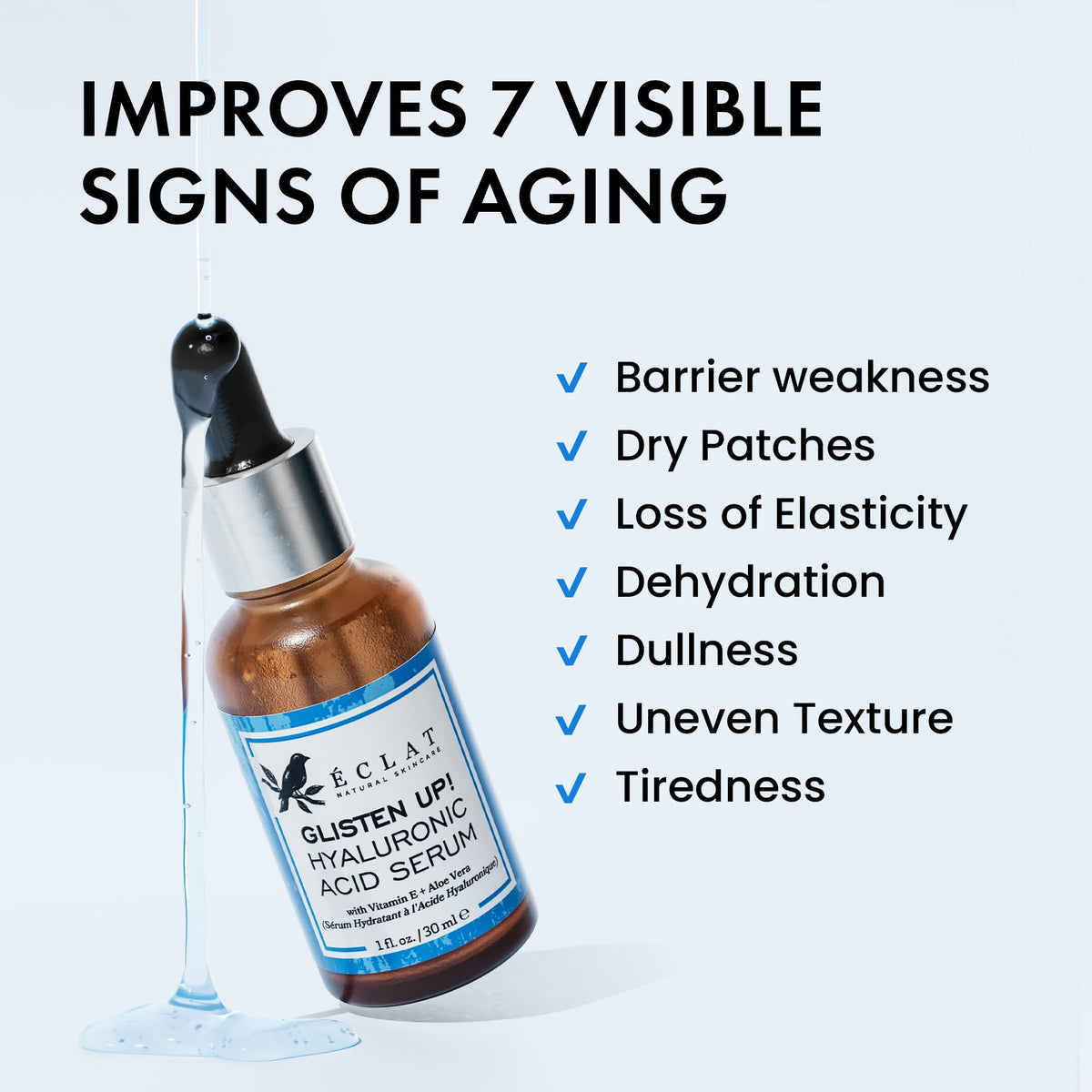 Eclat Skincare serum texture on hand demonstrating fast-absorbing, non-greasy hydration