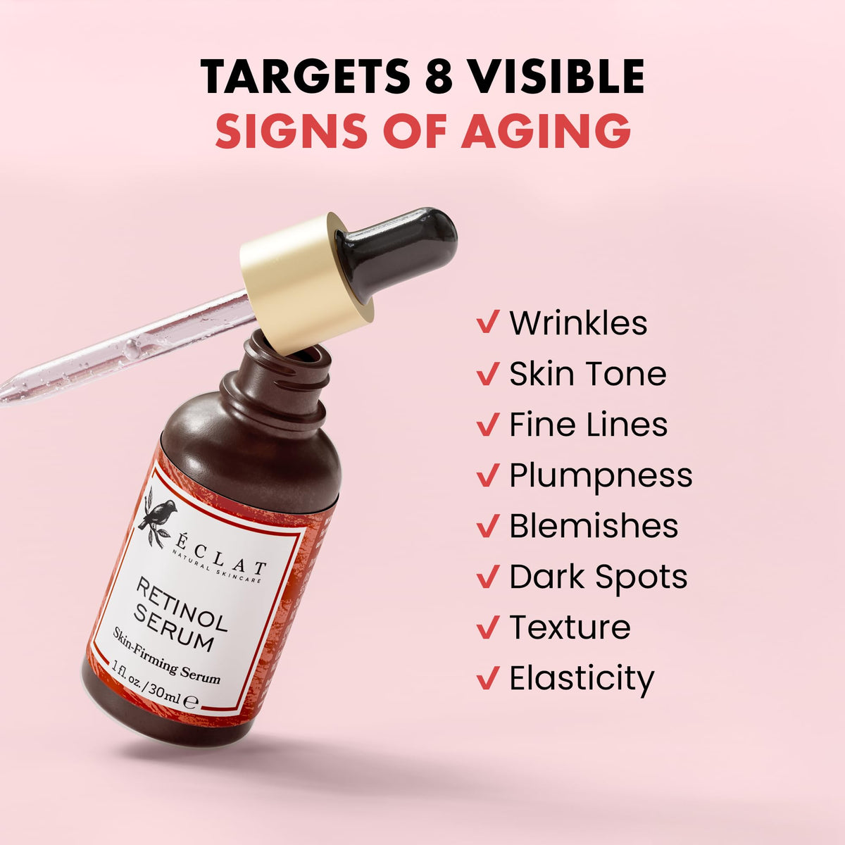 Eclat Skincare serum texture on fingertip, shows lightweight hydration and absorption