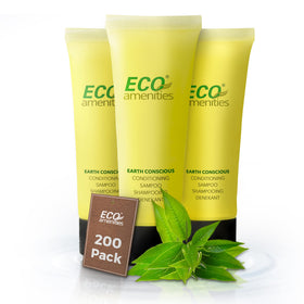 ECO Amenities front packaging showing 200-count bulk for easy restocking