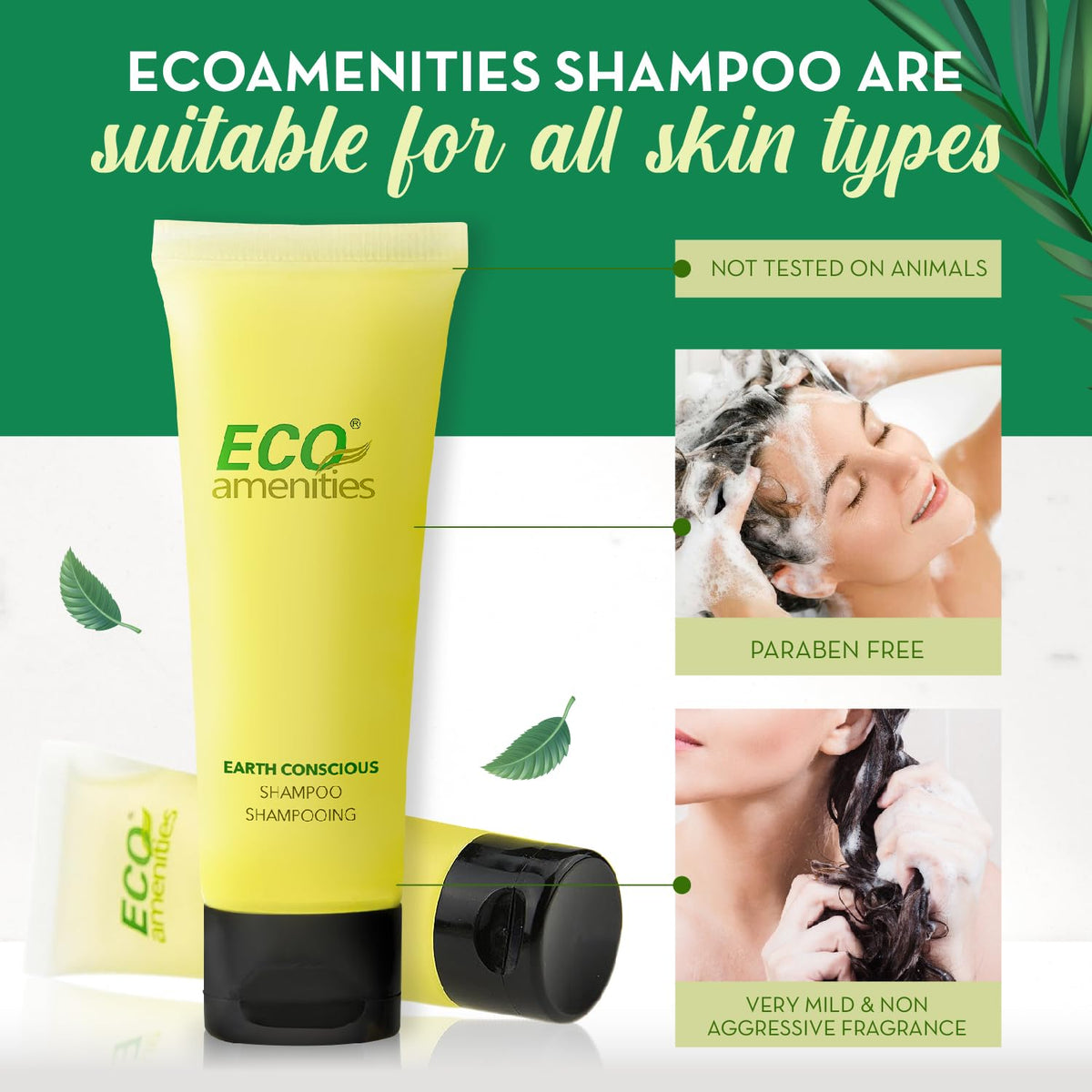 ECO amenities displayed on hotel bathroom counter for guest convenience