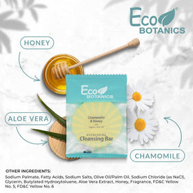 Eco Botanics bars placed on a hotel bathroom shelf conveying professional presentation