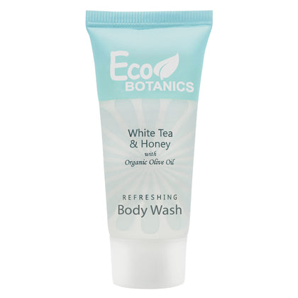 Eco Botanics front packaging showing 20 travel bottles and neat presentation benefit