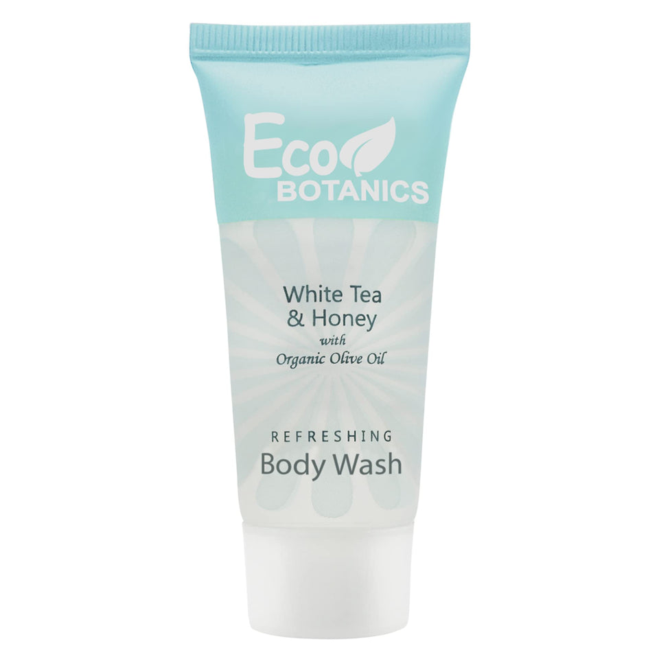 Eco Botanics front packaging showing 20 travel bottles and neat presentation benefit