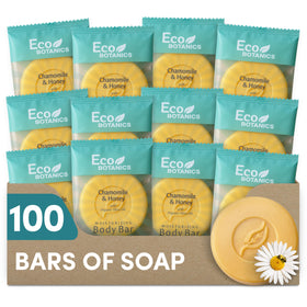 Eco Botanics front packaging showing 100 soap bars and clear hospitality branding benefit