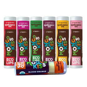 Eco Lips front packaging showing seven Mongo Kiss balms and flavor names for gifting