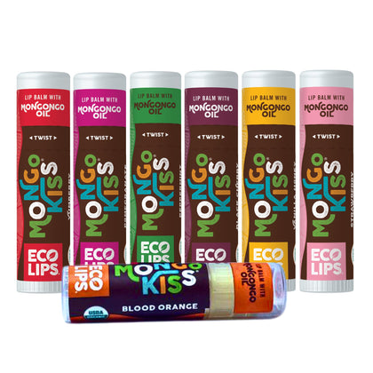 Eco Lips front packaging showing seven Mongo Kiss balms and flavor names for gifting