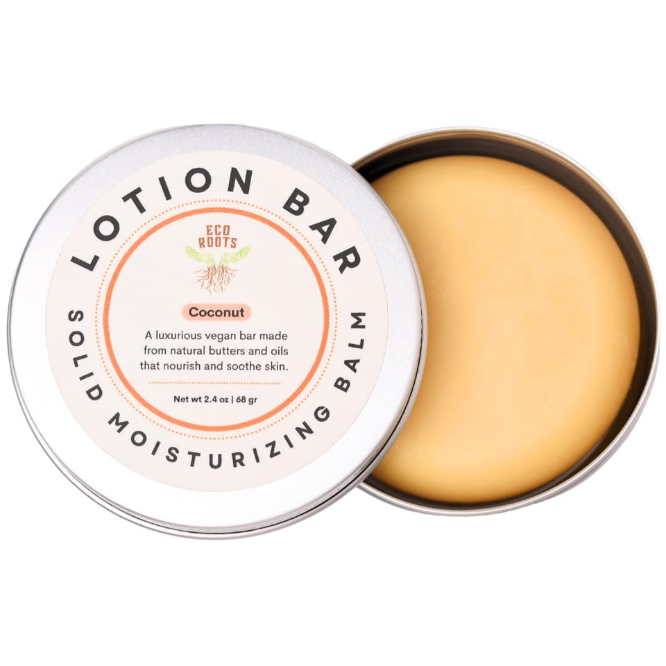 ECO ROOTS front tin view showing compact travel-ready moisturizer