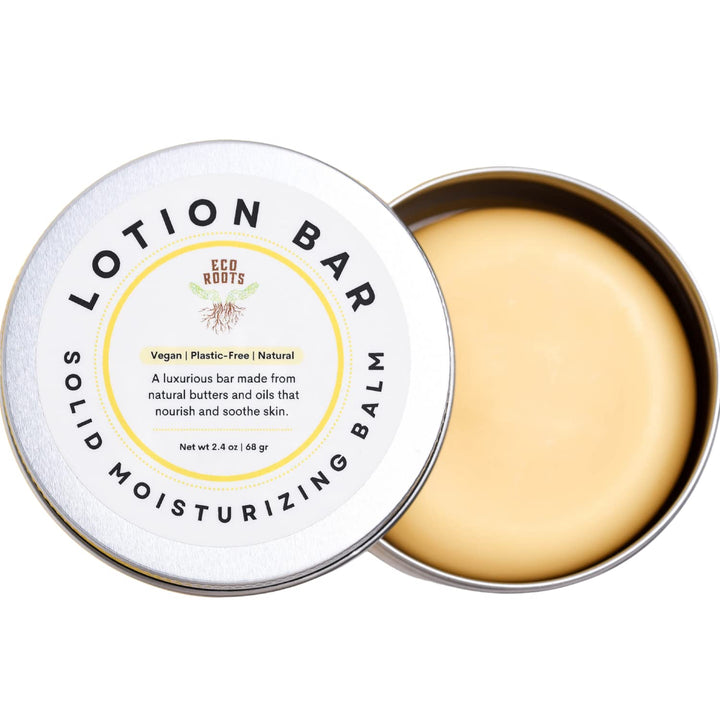 ECO ROOTS lotion bar in tin showing compact, plastic-free packaging and portability