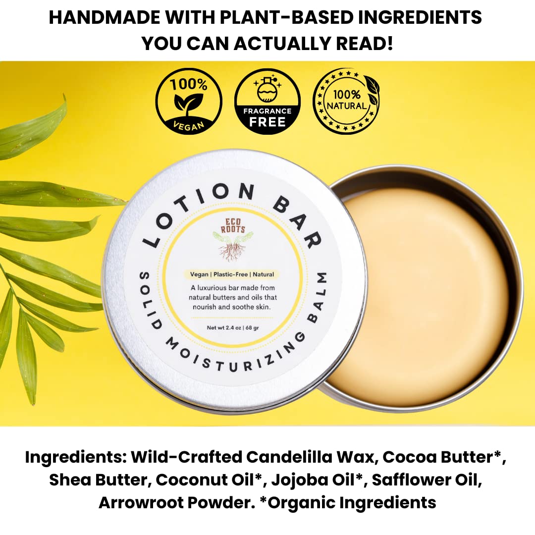 Person applying ECO ROOTS lotion bar to hands demonstrating quick nourishment