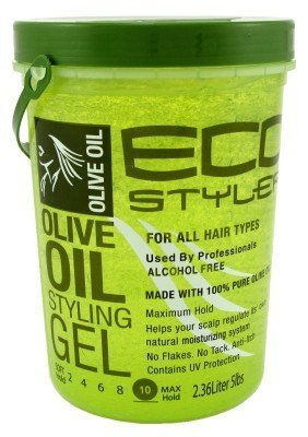 Eco Style front tub showing olive oil gel and free nail file, convenience for styling