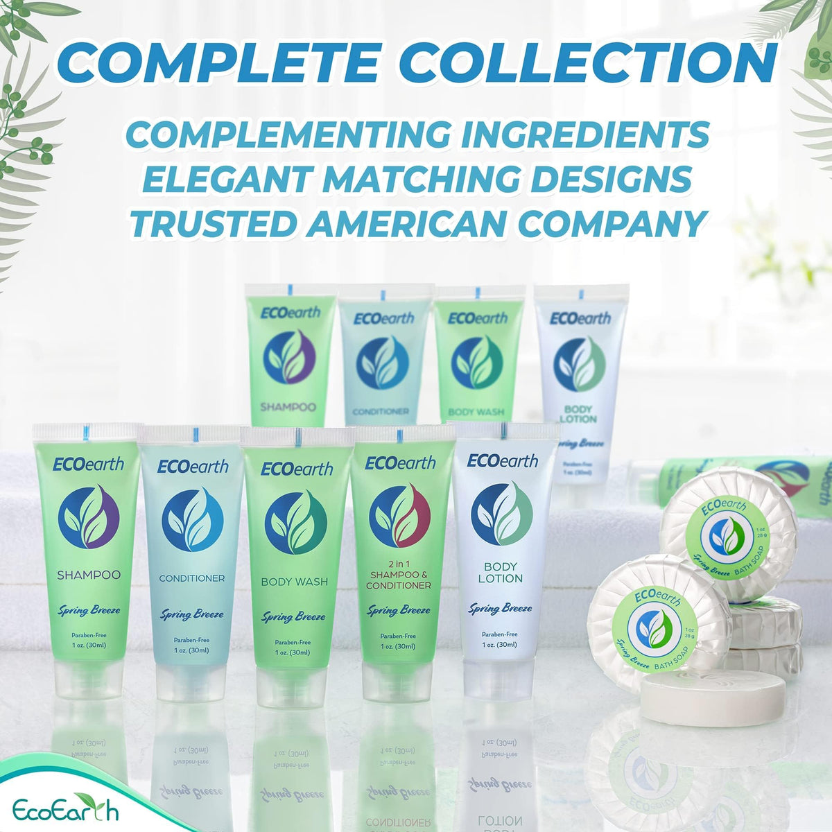 EcoEarth bottles on housekeeping cart showing bulk supply efficiency and quick room restocking